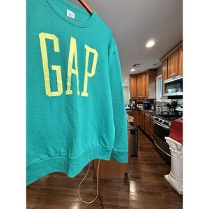 GAP Mens Emerald Green Yellow Logo‎ Crewneck Sweatshirt Large Fleece Pullover